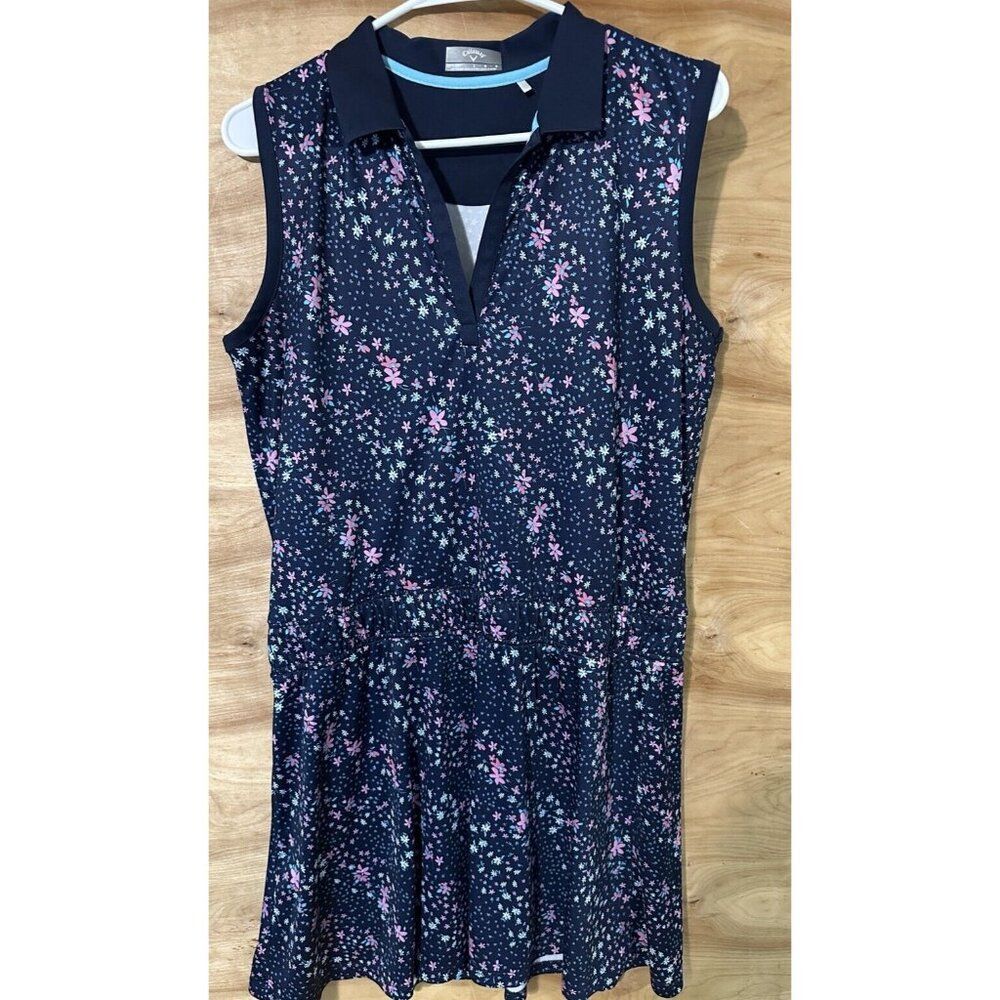 Callaway Womens Size  Large Navy Mini Floral Print Sleeveless Polo Golf Dress